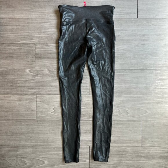 Spanx Faux Leather Black Space Gray Shiny Leggings Size M - Picture 4 of 4